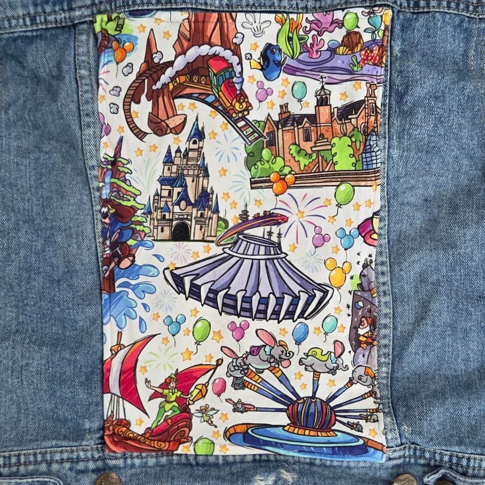 Free People Disney Patches Denim Hooded Jacket XS Jean Knit‎ Sleeve Unique - Picture 8 of 9